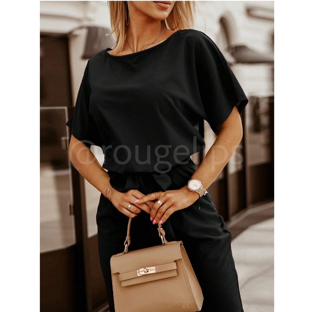 Black Jumpsuit Tie Belt Straight Leg Business Casual Short Sleeve - Picture 5 of 8